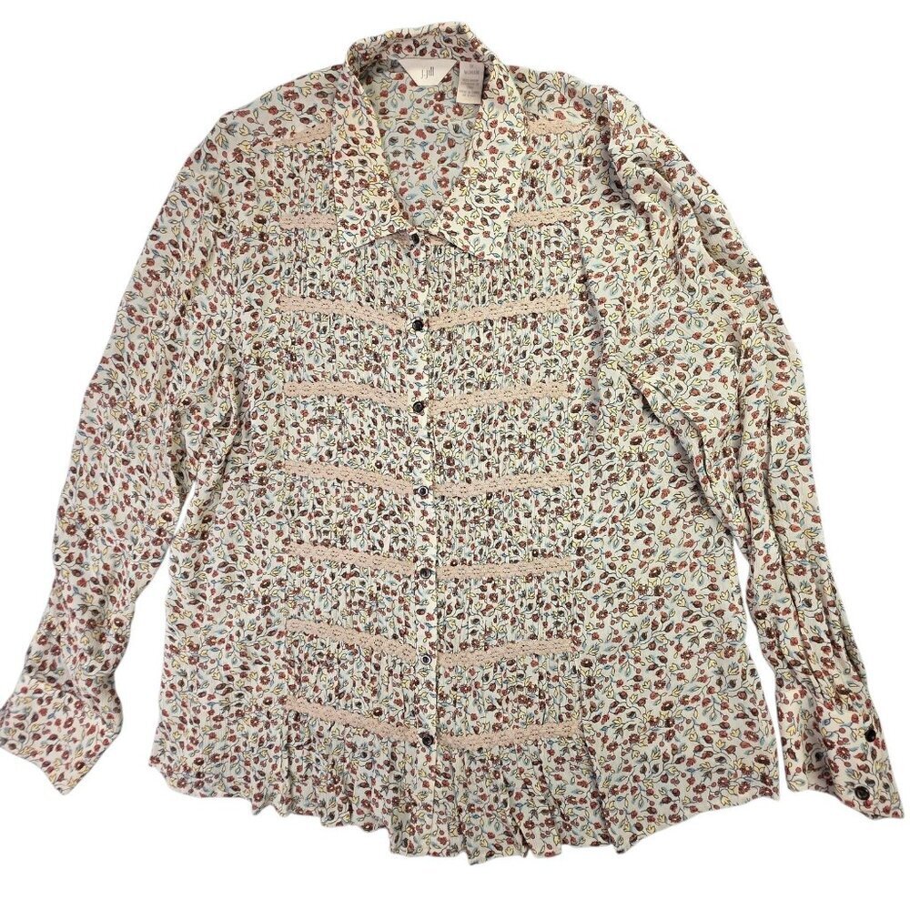 J Jill Shirt Women 1X Beige Floral Lace Trim Button Boho Blouse Cottagecore